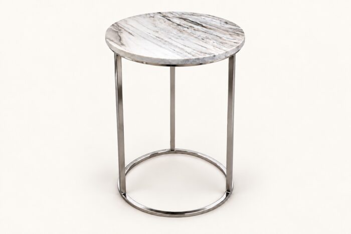SS base with stone top end table on warm ivory background