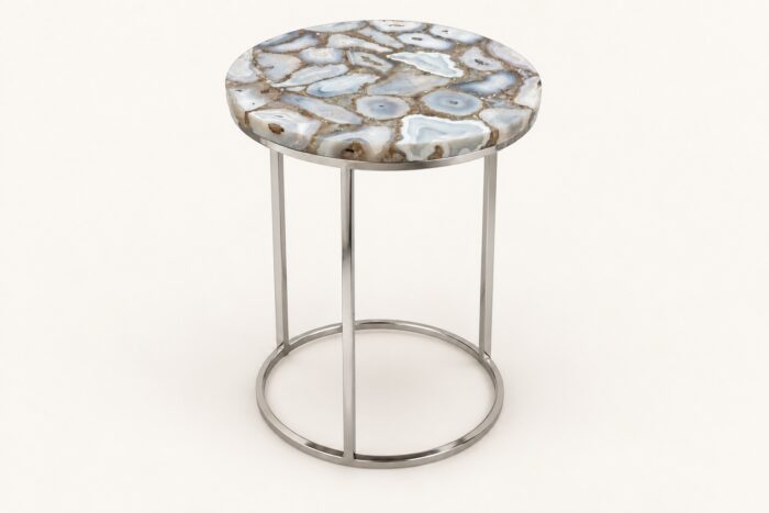 SS base with agate stone top end table on warm ivory background