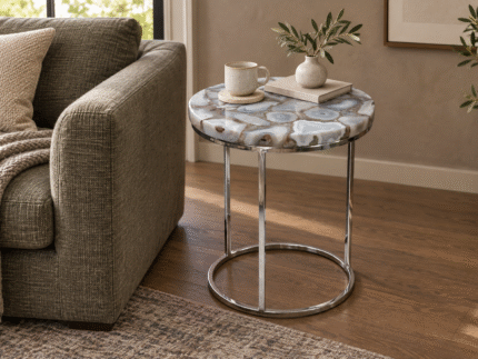 Agate stone top end table beside a sofa in a contemporary living room