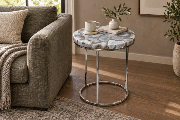 Agate stone top end table beside a sofa in a contemporary living room
