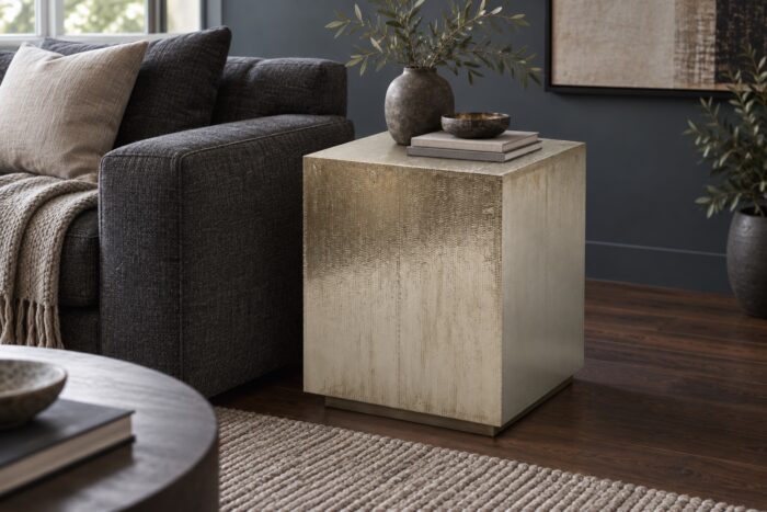 Hammered metal cladded end table beside a charcoal sofa in a contemporary living room