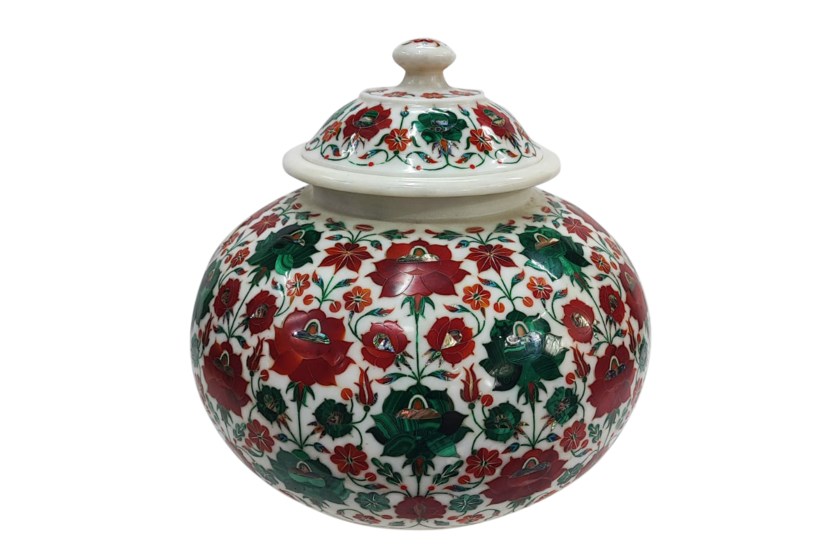 Ornate ceramic jar with floral decorative pattern