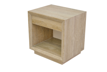 Wooden bedside table with open storage shelf
