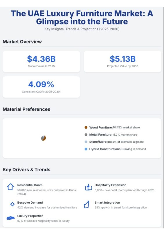 UAE luxury furniture market infographic 2025-2030 showing $4.36B market value Dubai material preferences silver marble furniture trends