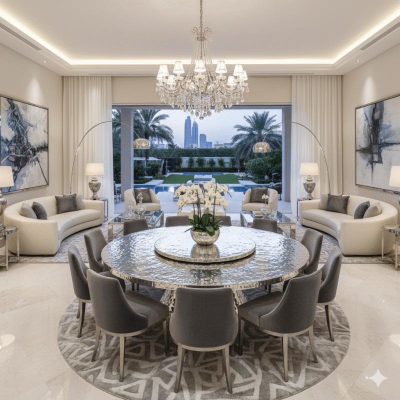 Luxury silver dining table in Dubai villa, handcrafted silver furniture for investment and elegant home decor, UAE 2025