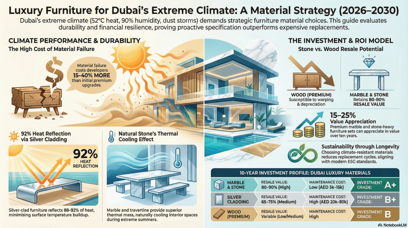 The Ultimate Guide to Luxury Furniture Materials for Dubai’s Climate (2026–2030) Silver, Marble & Stone: Durability, Investment Value & Design Strategy