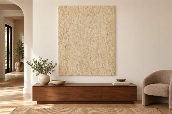Bone inlay on plywood panel displayed above a wooden cabinet in a warm living room