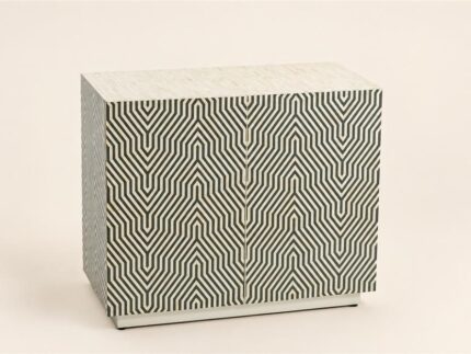 Inlay With Grey Resin Cabinet with grey and ivory geometric patterned doors