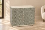 Inlay With Grey Resin Cabinet with geometric ivory and grey pattern in a warm living room
