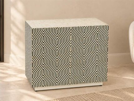Inlay With Grey Resin Cabinet with geometric ivory and grey pattern in a warm living room
