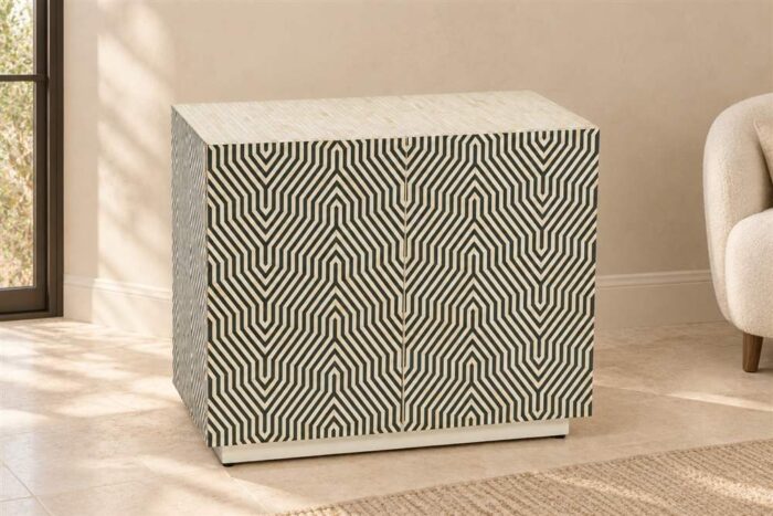 Inlay With Grey Resin Cabinet with geometric ivory and grey pattern in a warm living room