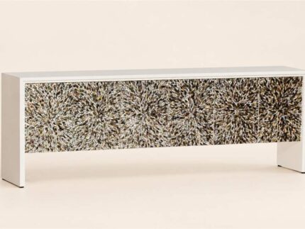 Long white MOP inlay cabinet with a multicolour starburst-patterned front