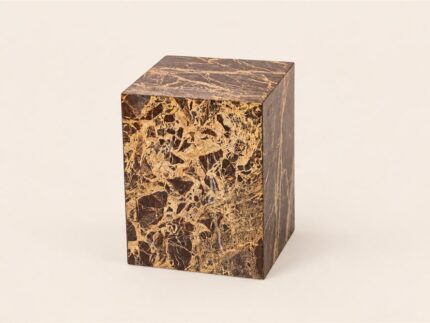 Red Cherry Cube Table with deep red-brown surfaces and golden veining