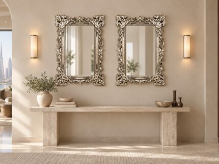 Pair of Signature Living silver mirror frames above a travertine console