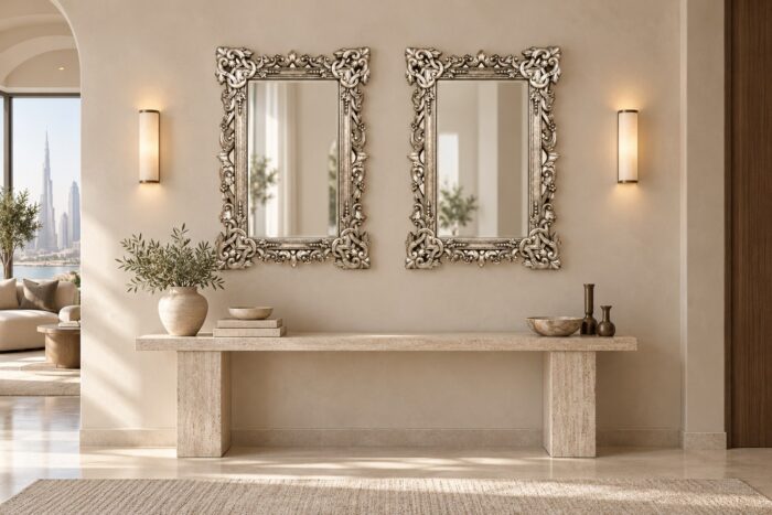 Pair of Signature Living silver mirror frames above a travertine console