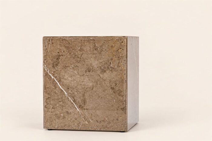 Stone End Table Square brown Stone End Table with natural veining and a clean cube silhouette