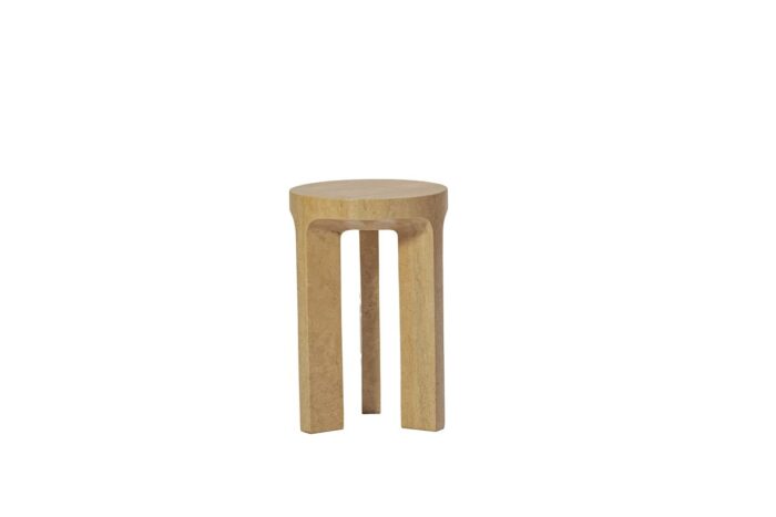 Travertine Alta Side Table 3 Leg Travertine Alta Side Table with a round top and three sculptural legs in warm beige stone