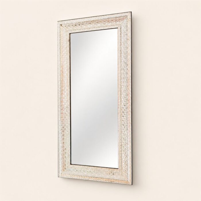 Rectangular Venetian glass mirror frame with a pale textured mosaic-style border